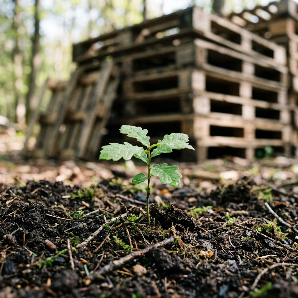Brote verde creciendo en tierra junto a estibas de madera reales, simbolizando reforestación